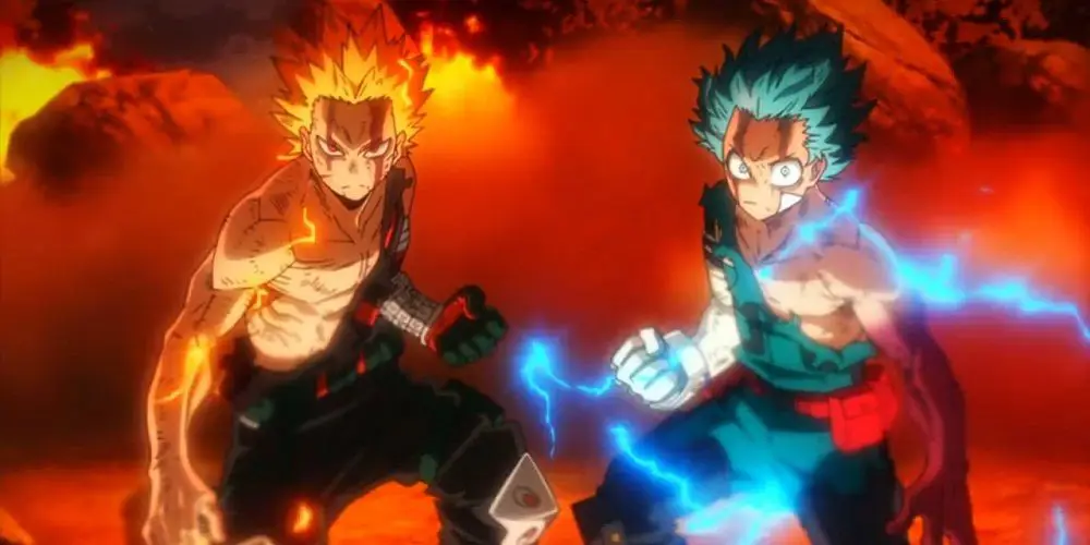 Adegan pertarungan yang seru dan penuh aksi Gambar adegan aksi menegangkan dari My Hero Academia