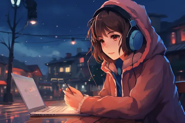 Menikmati Anime di Laptop Seseorang menonton anime di laptop