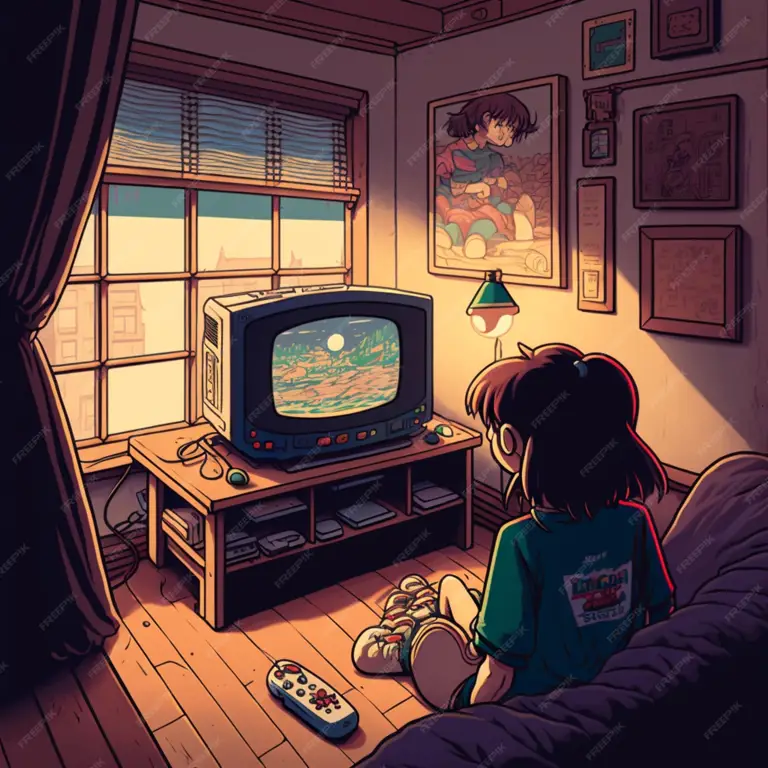 Menikmati Anime Bersama Gambar karakter anime menonton televisi