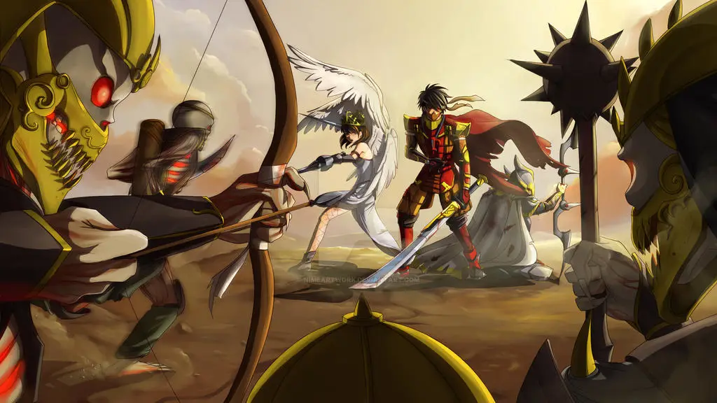 Adegan Pertempuran Spektakuler Gambar yang menggambarkan adegan pertempuran yang spektakuler dalam anime Jepang